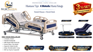 4 Motorlu Hasta Yatağı Full ABS (Piston Motorlu) + Hasta Yemek Masası + Havalı Yatak