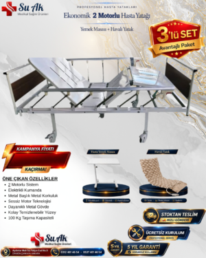 2 Motorlu Hasta Yatağı Ekonomik (Dual Motor) + Yemek Masası + Havalı Yatak