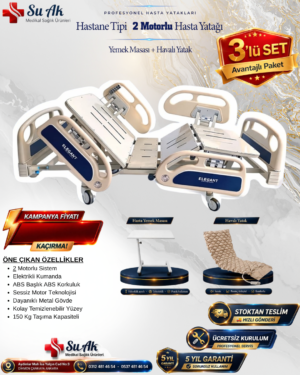 2 Motorlu Hasta Karyolası Full ABS (Piston Motorlu) + Hasta Yemek Masası + Havalı Yatak