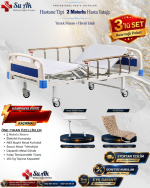 2 Motorlu Hasta Karyolası ABS Başlıklı Tabanca Korkuluklu (Piston Motorlu) + Hasta Yemek Masası + Havalı Yatak