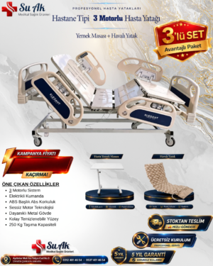 3 Motorlu Hasta Yatağı Full ABS (Piston Motorlu) + Hasta Yemek Masası + Havalı Yatak