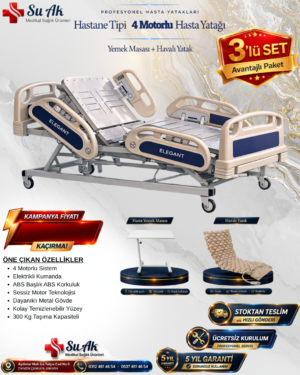 4 Motorlu Hasta Yatağı Full ABS (Piston Motorlu) + Hasta Yemek Masası + Havalı Yatak