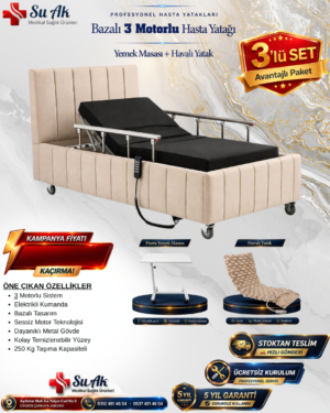 Ev Tipi Bazalı 3 Motorlu Hasta Yatağı (Piston Motorlu) + Hasta Yemek Masası + Havalı Yatak