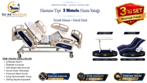 3 Motorlu Hasta Yatağı Full ABS (Piston Motorlu) + Hasta Yemek Masası + Havalı Yatak