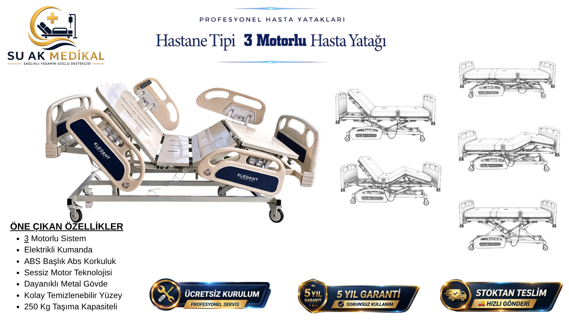 3 Motorlu Hasta Yatağı Full ABS (Piston Motorlu)