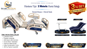 2 Motorlu Hasta Karyolası Full ABS (Piston Motorlu) + Hasta Yemek Masası + Havalı Yatak