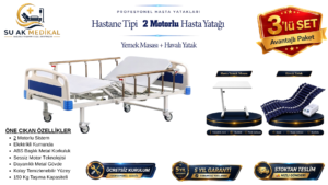2 Motorlu Hasta Karyolası ABS Başlıklı Tabanca Korkuluklu (Piston Motorlu) + Hasta Yemek Masası + Havalı Yatak