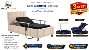 Ev Tipi Bazalı 2 Motorlu Hasta Yatağı (Piston Motorlu) + Yemek Masası + Havalı Yatak