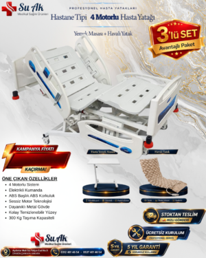 İthal 4 Motorlu Hasta Yatağı Full ABS (Piston Motorlu) + Hasta Yemek Masası + Havalı Yatak