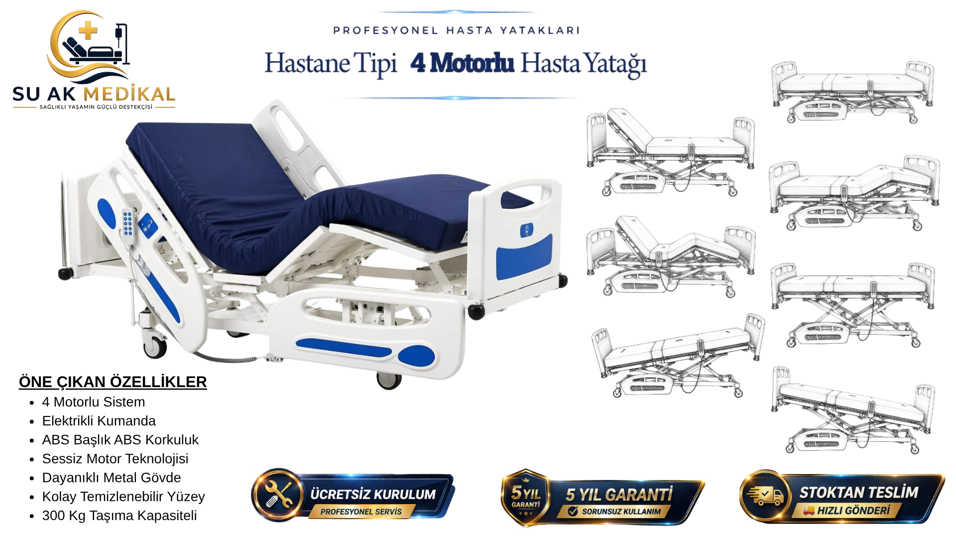 İthal 4 Motorlu Hasta Yatağı Full ABS (Piston Motorlu)