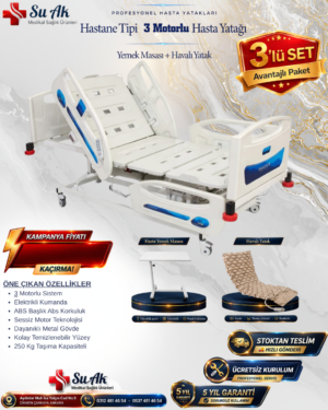 İthal 3 Motorlu Hasta Yatağı Full ABS (Piston Motorlu) + Hasta Yemek Masası + Havalı Yatak